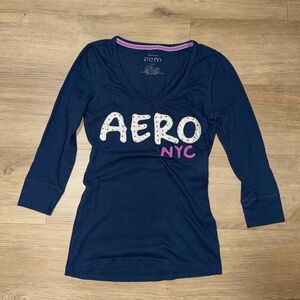 Aeropostale Navy V-Neck Short Sleeve Tee with White & Pink Logo
